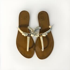 Tory Burch Women’s White Bow Logo Thong Sandals Leather Flip Flops Size 41